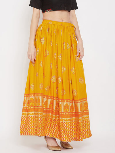 Clora Mustard Flared Printed Maxi Skirt