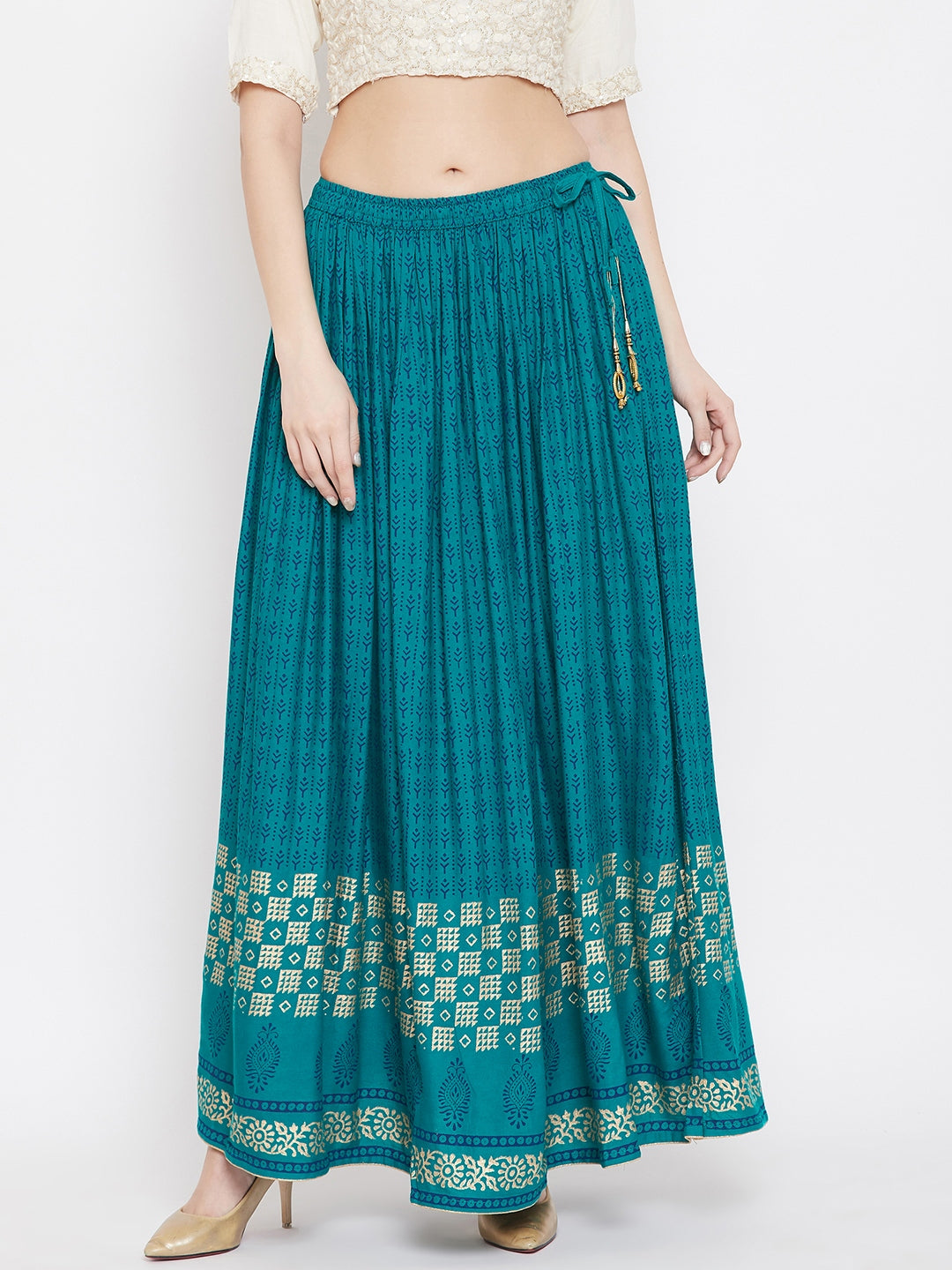 Turquoise printed rayon skirt for women, flared design, ideal for stylish comfort.