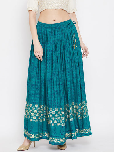 Turquoise printed rayon skirt for women, flared design, ideal for stylish comfort.