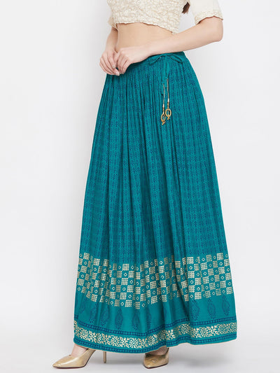 Turquoise printed rayon skirt with flared design for women.