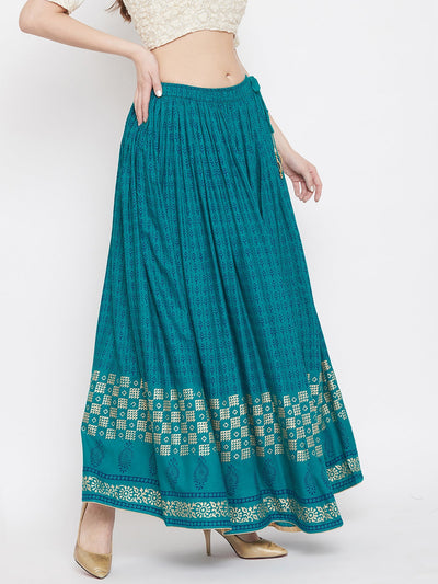 Turquoise printed rayon skirt with flared design for women.