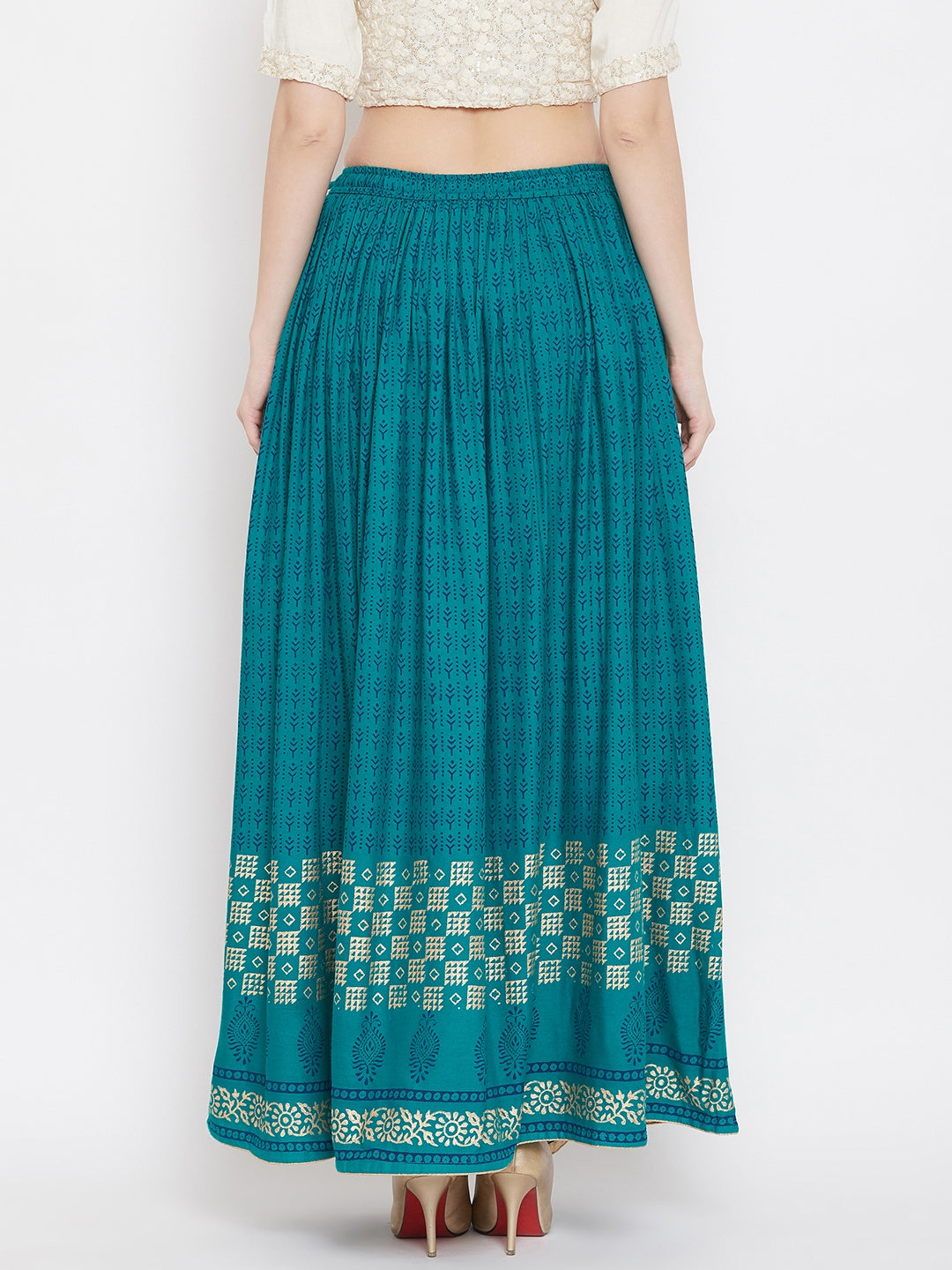 Turquoise printed rayon flared skirt for women.