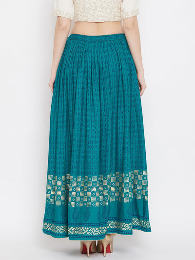Turquoise printed rayon flared skirt for women.