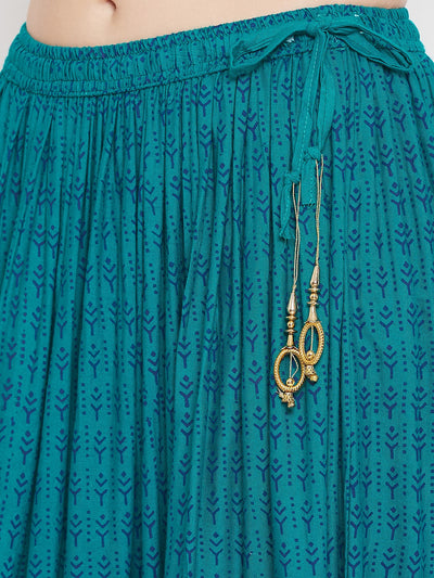 Turquoise printed rayon skirt with flared design for women.