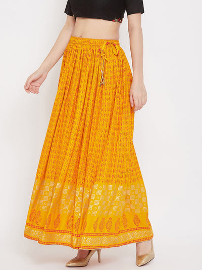 Mustard printed rayon flared skirt for women.
