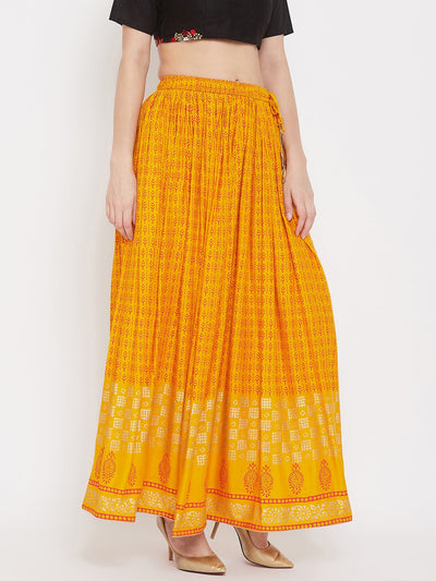 Mustard printed rayon skirt for women, flared design, comfortable and stylish.