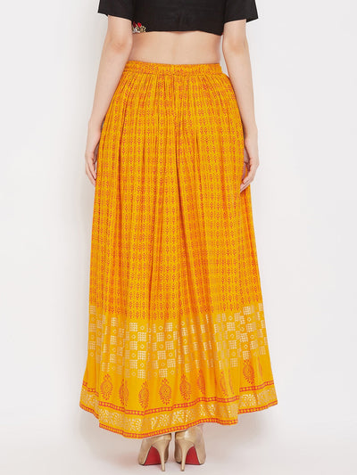 Mustard printed rayon flared skirt for women by Clora.