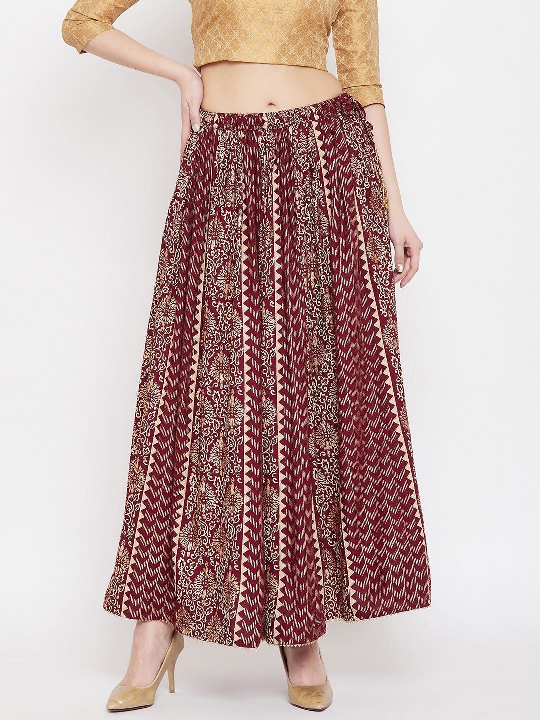 Maroon Printed Rayon Maxi Skirt