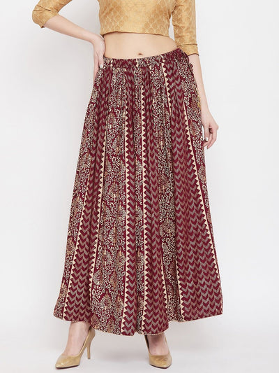 Maroon Printed Rayon Maxi Skirt