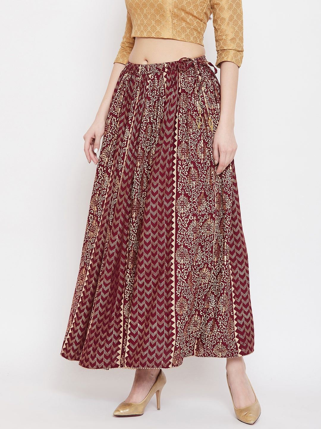 Maroon Printed Rayon Maxi Skirt