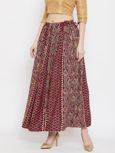 Maroon Printed Rayon Maxi Skirt