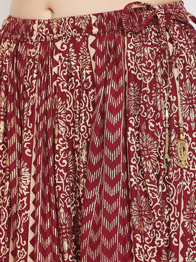 Maroon Printed Rayon Maxi Skirt