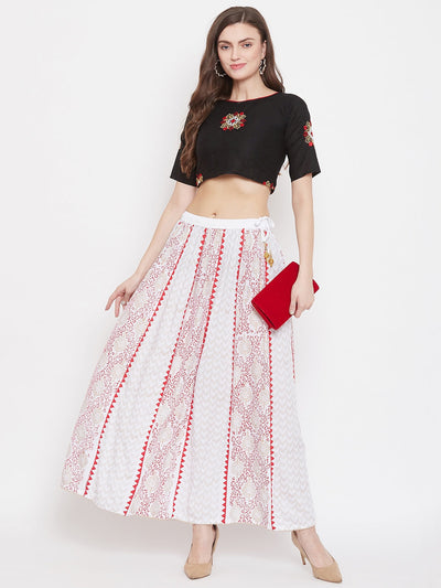 Clora White Printed Rayon Maxi Skirt