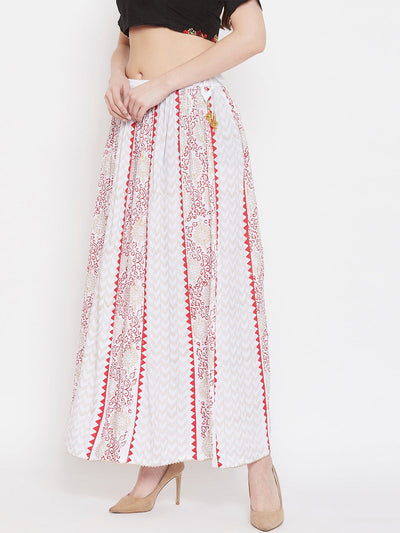 White Printed Rayon Maxi Skirt