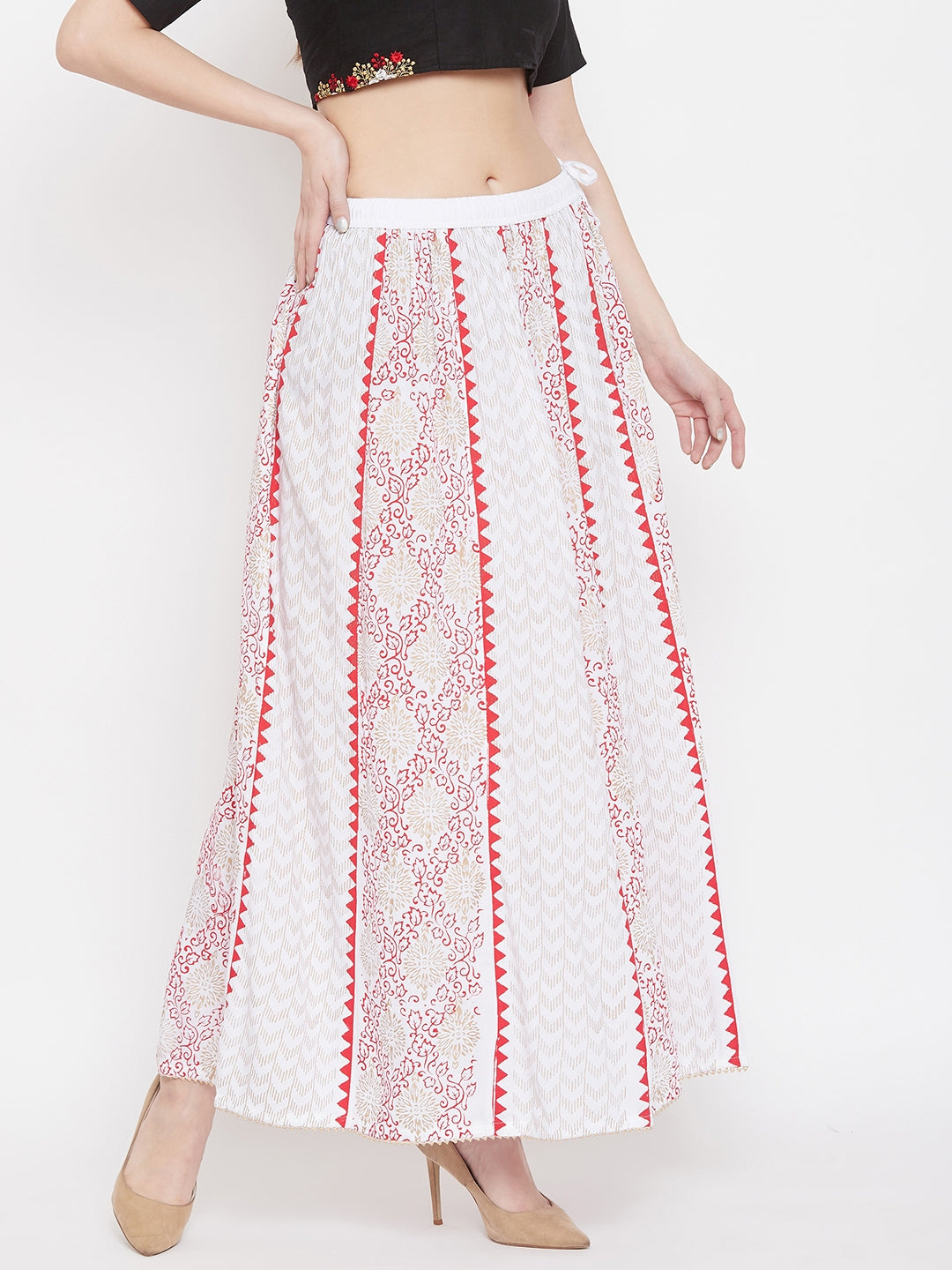 Clora White Printed Rayon Maxi Skirt