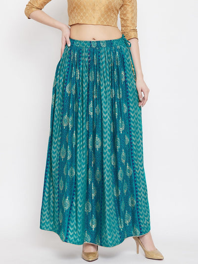 Turquoise printed rayon maxi skirt for women, flared design.