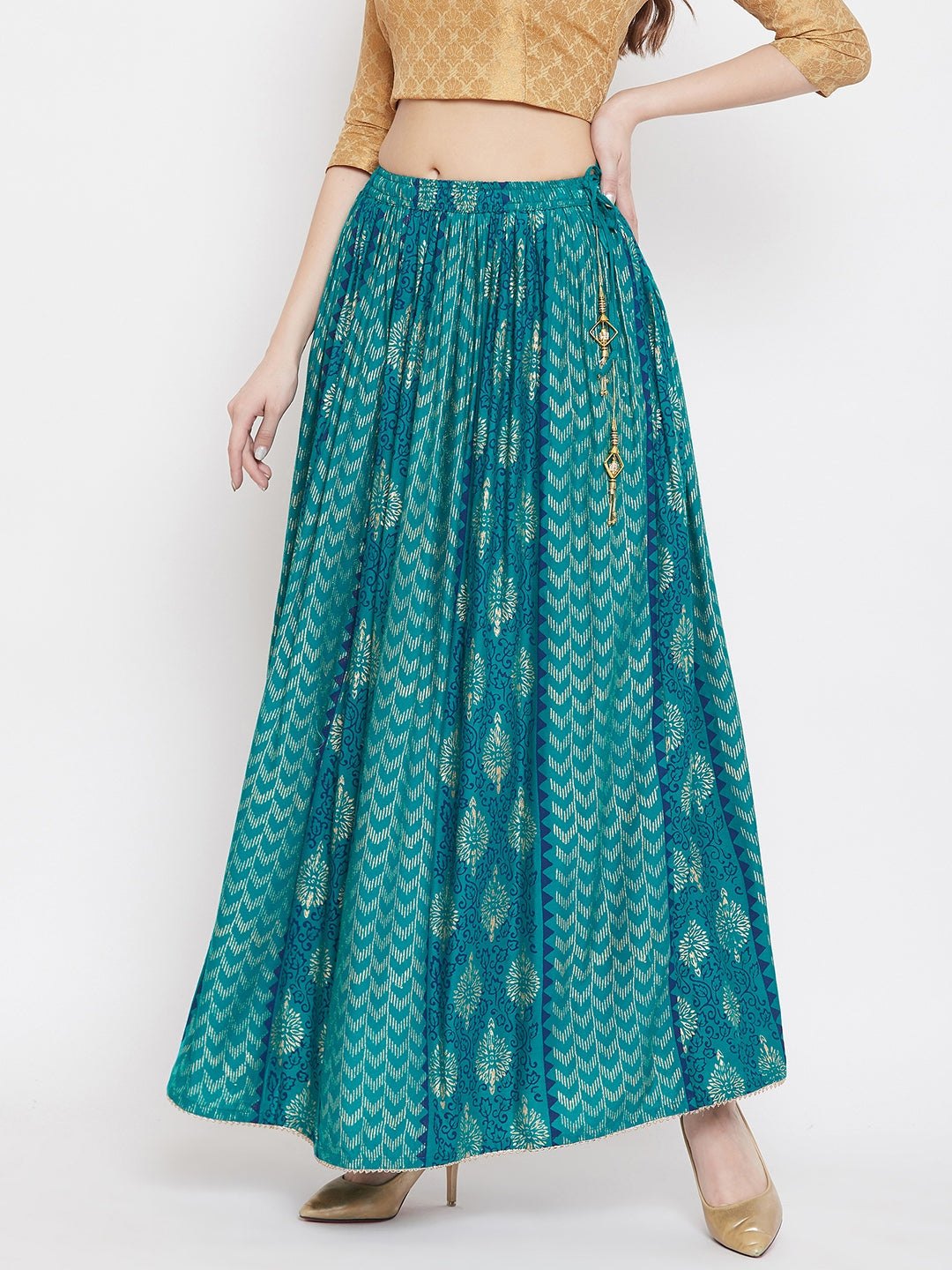 Turquoise printed rayon maxi skirt with a flared design for women.