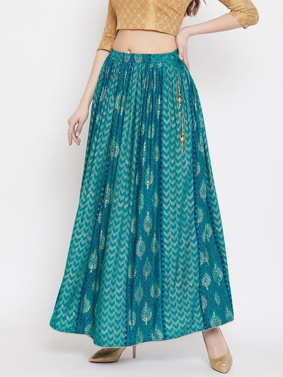 Turquoise printed rayon maxi skirt with a flared design for women.