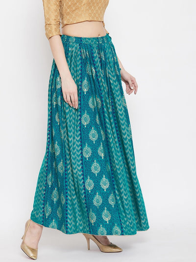 Turquoise printed rayon maxi skirt for women, flared design.