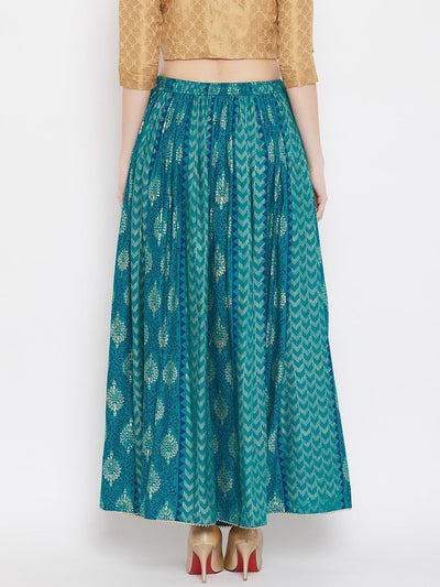 Turquoise printed rayon maxi skirt with flared design for women.