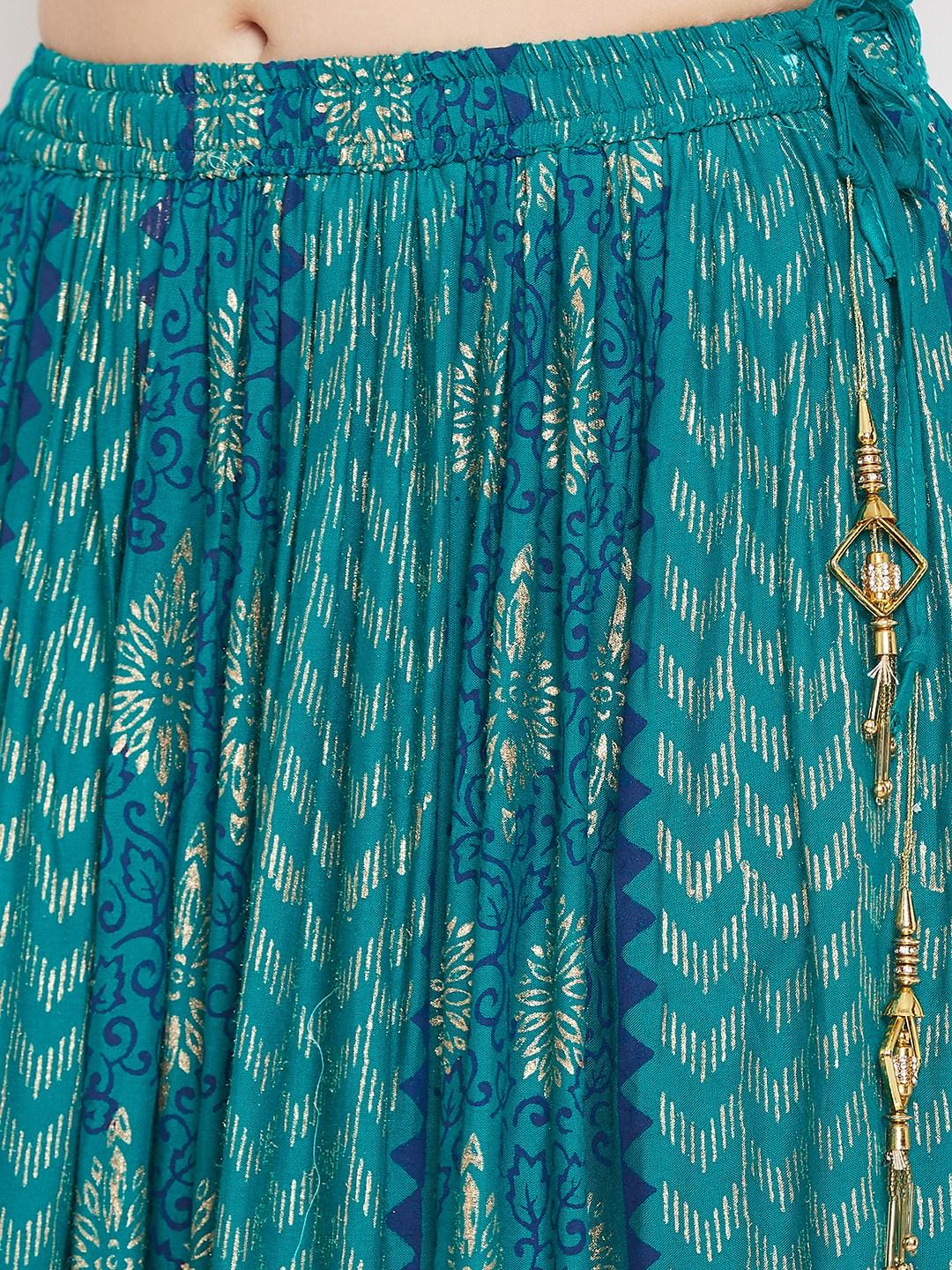 Turquoise printed rayon maxi skirt with flared design and intricate patterns.