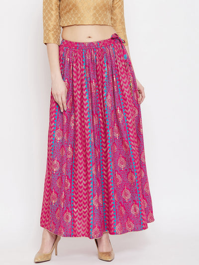 Magenta printed rayon maxi skirt with flared design for women.