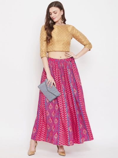Magenta printed rayon maxi skirt for women, flared and stylish.