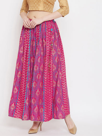 Magenta printed rayon maxi skirt with flared design for women.