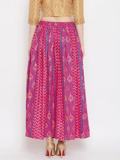 Magenta printed rayon maxi skirt with flared design.