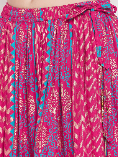 Magenta printed rayon maxi skirt with floral and geometric patterns.
