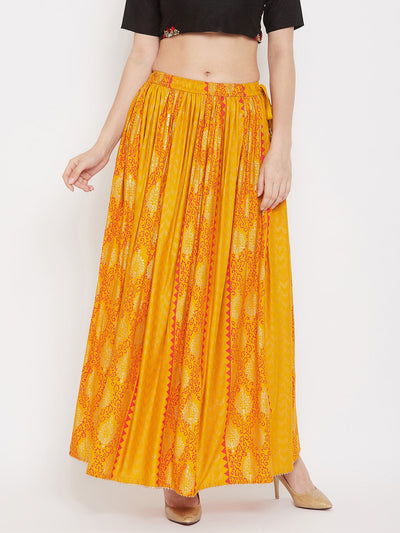 Mustard printed rayon maxi skirt for women, flared design.