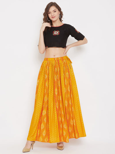 Clora Mustard Printed Rayon Maxi Skirt