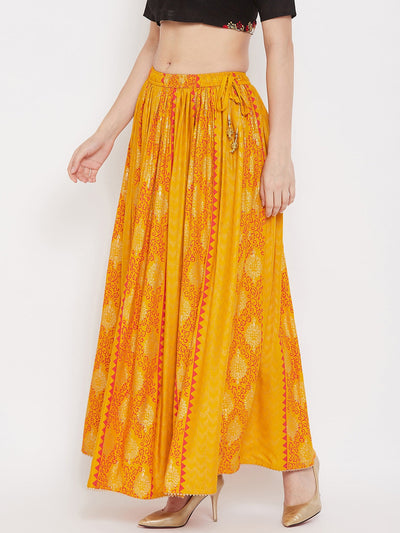 Mustard printed rayon maxi skirt with flared design for women.