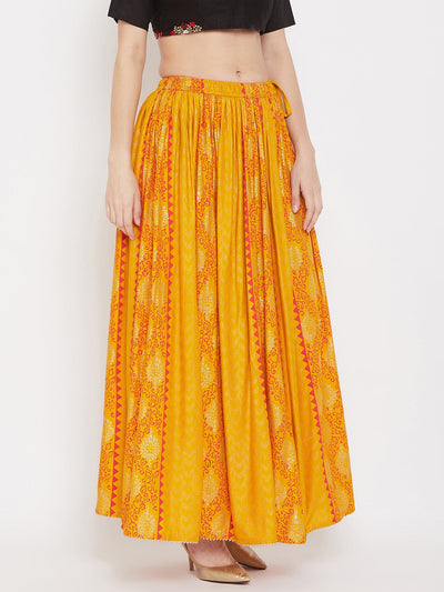 Mustard printed rayon maxi skirt for women by Clora, featuring a flared design.