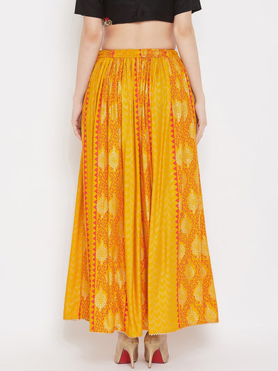 Mustard printed rayon maxi skirt for women, flared and comfortable.