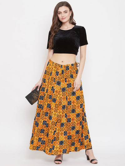 Clora Mustard Printed Maxi Skirt