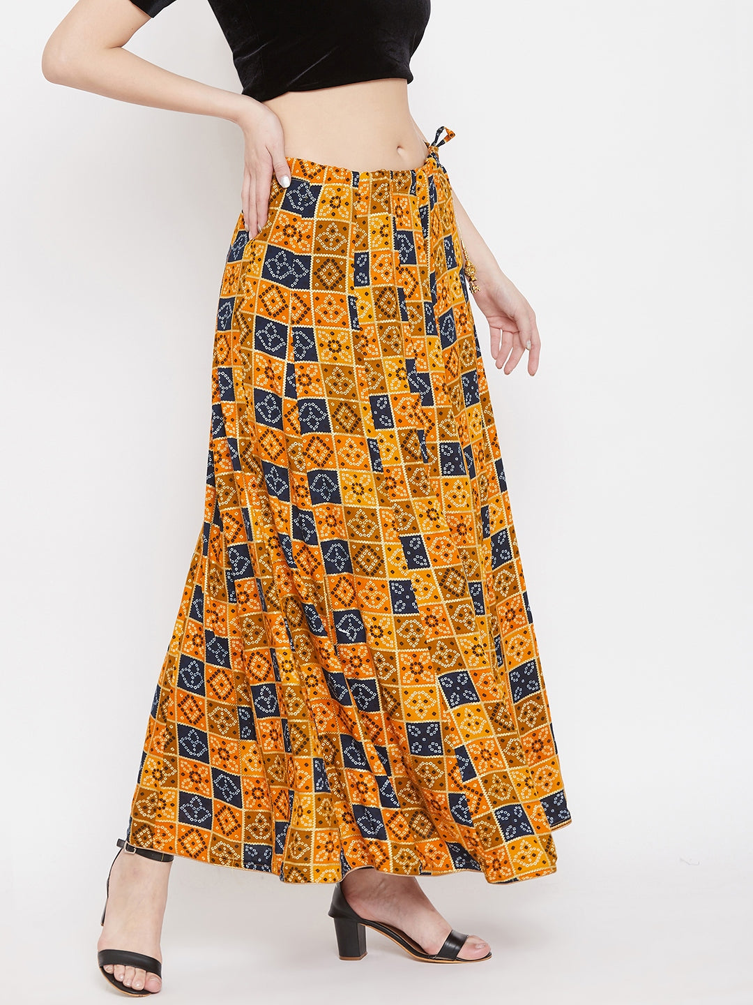Clora Mustard Printed Maxi Skirt