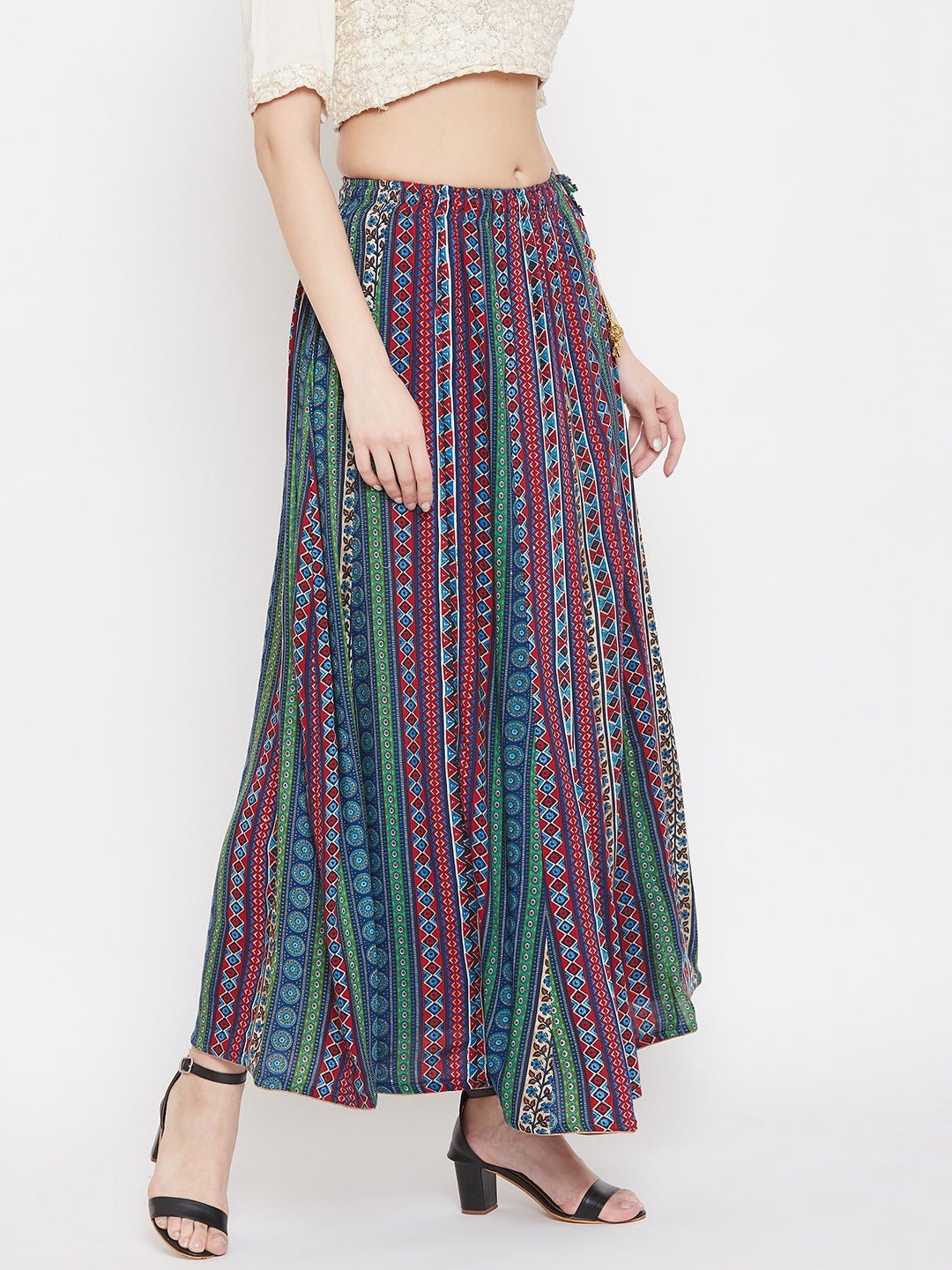 Multi flared printed maxi skirt with colorful stripes, made from comfortable rayon fabric.