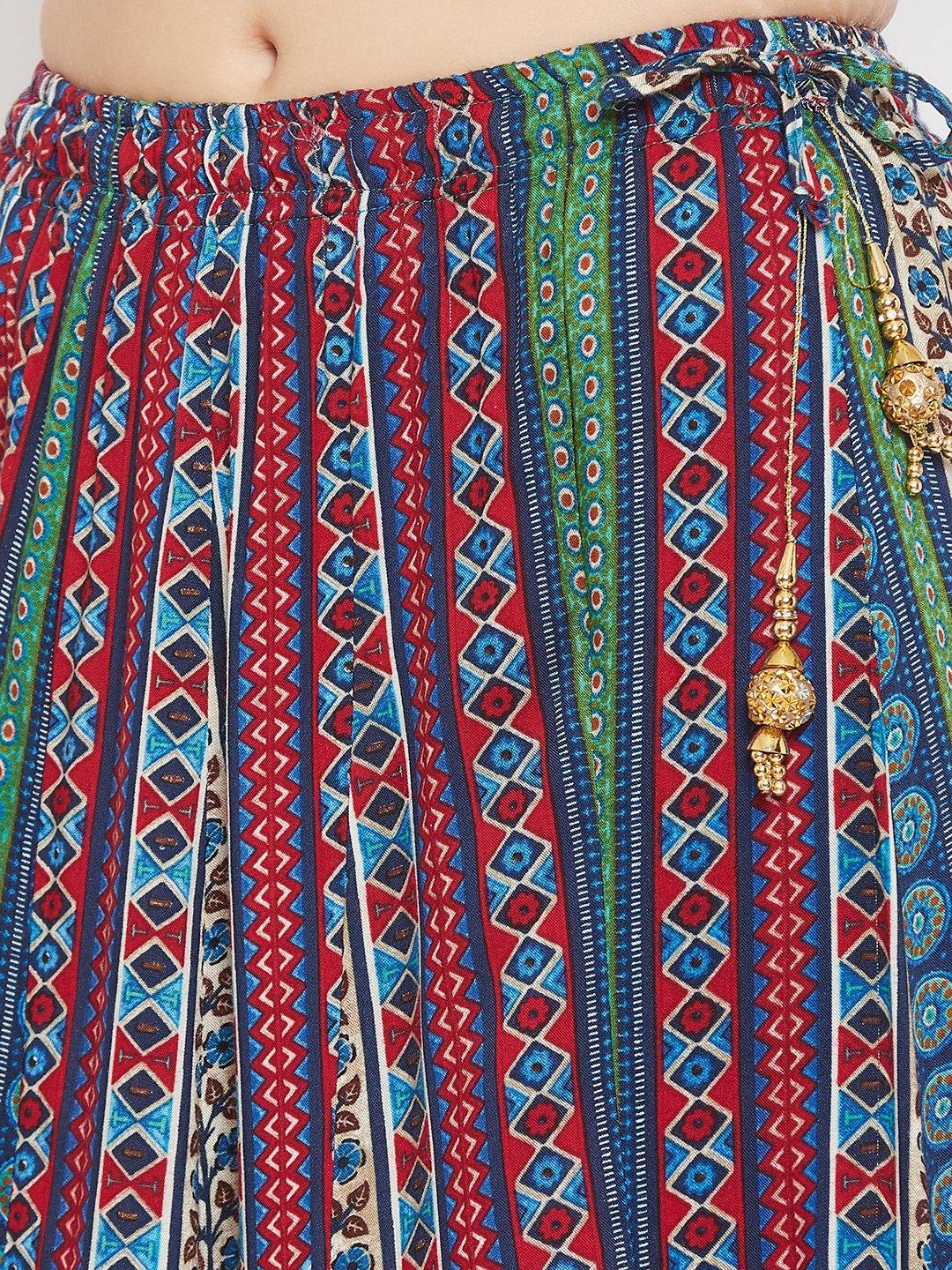 Multi flared printed maxi skirt with vibrant patterns.