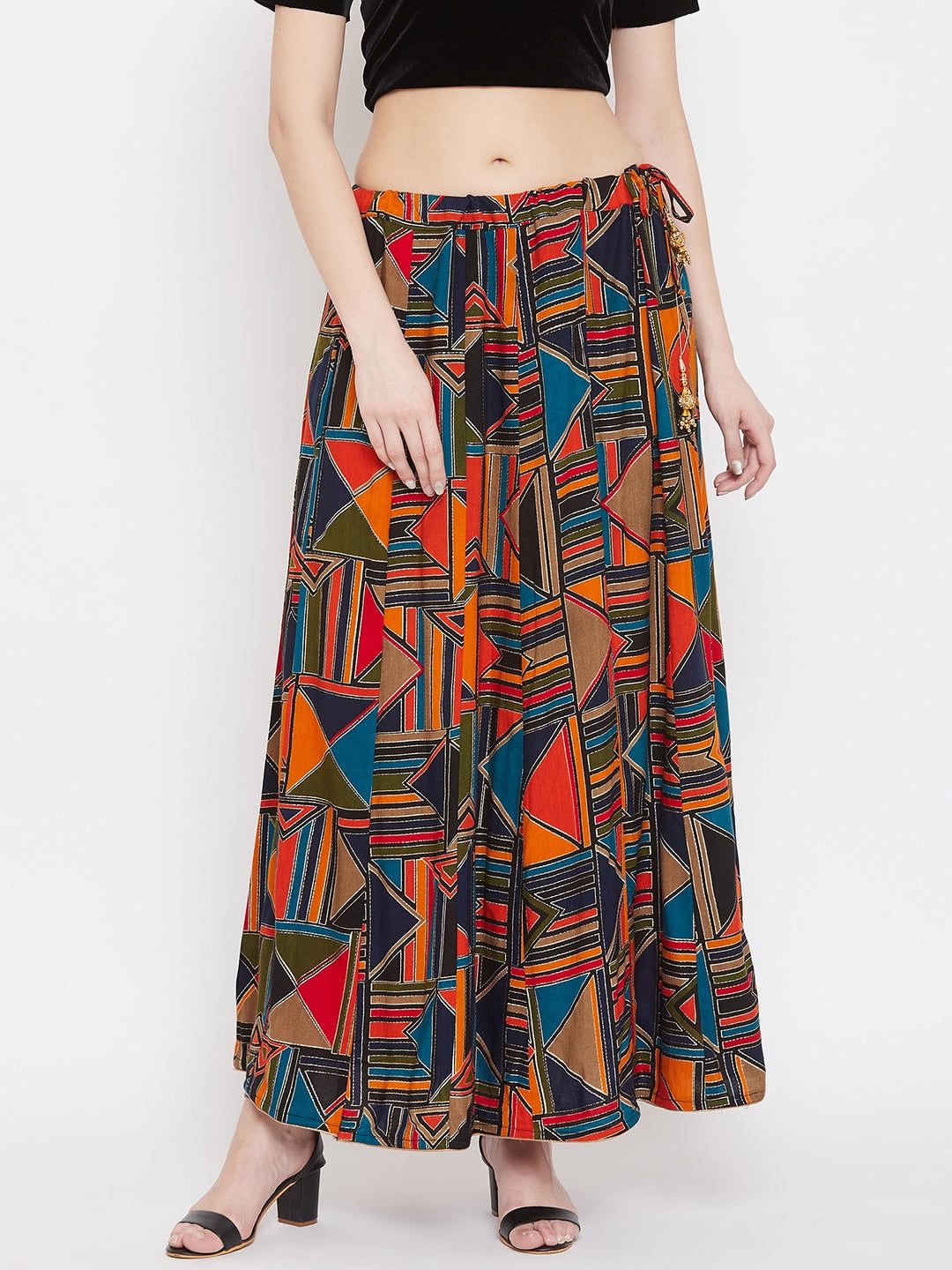 Navy Blue Geometric Print Maxi Skirt