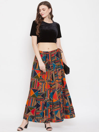 Clora Navy Blue Geometric Print Maxi Skirt