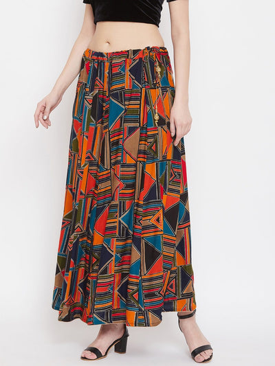 Navy Blue Geometric Print Maxi Skirt