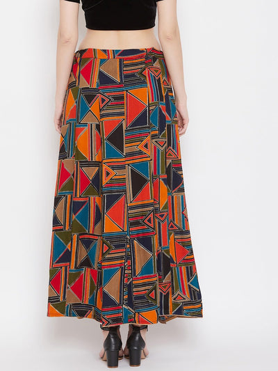 Navy Blue Geometric Print Maxi Skirt