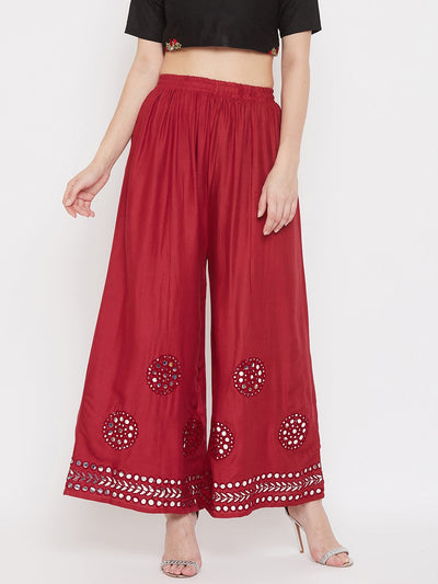 Maroon mirror work rayon sharara with elasticated waist.