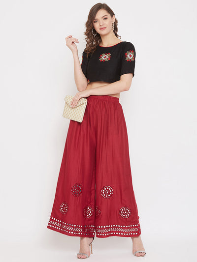 Maroon Mirror Work Rayon Sharara with elasticated waist and stylish design.