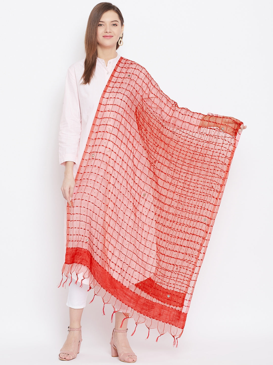 Clora Red Sequinned Net Dupatta