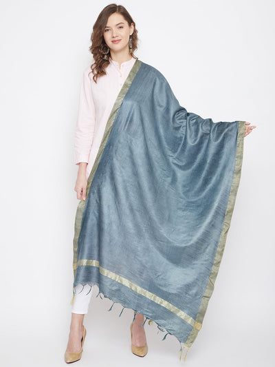 Grey Solid Cotton Tussar Dupatta styled with ethnic outfit for elegance.