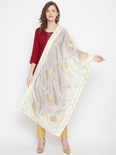 Cream Gotta Work Silk Dupatta with elegant ethnic design styled with kurta palazzo set.