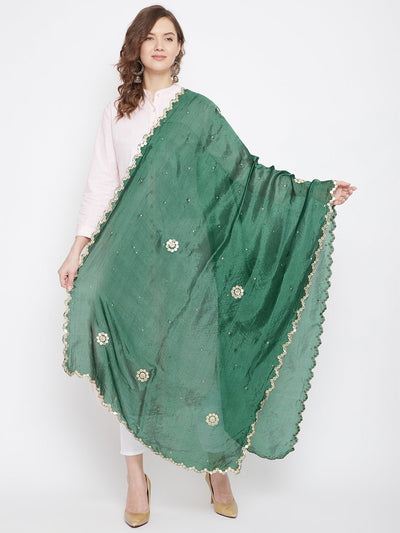 Clora Bottle Green Embellished Silk Dupatta