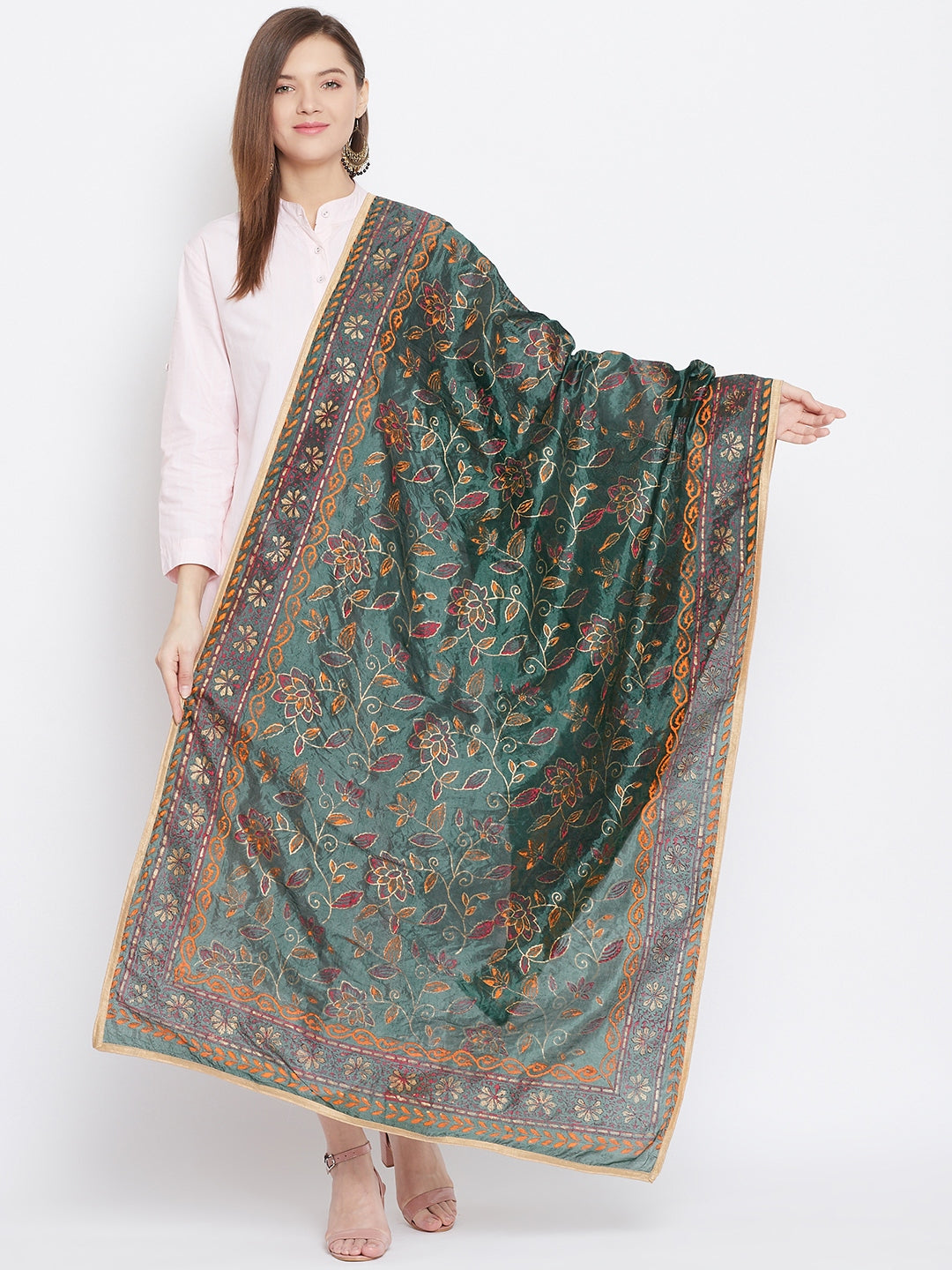 Bottle Green Printed Silk Dupatta with floral design from Clora Creation displayed by model.
